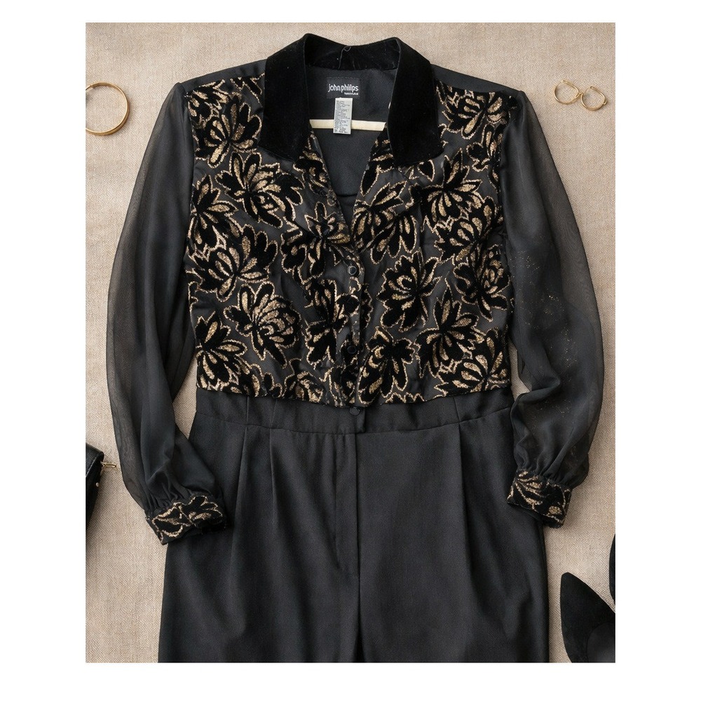 90s Vintage Velvet Burnout Jumpsuit Sheer Sleeve Black 20W John Phillips
